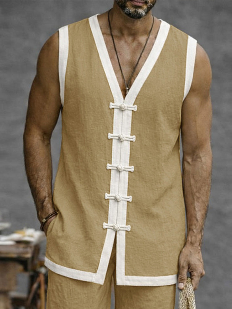 Relaxed Fit Contrast Color Frog Button Vest Set - Khaki