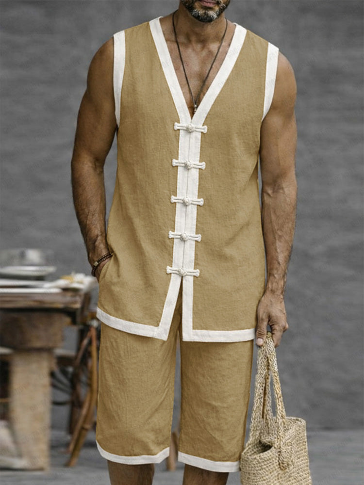 Relaxed Fit Contrast Color Frog Button Vest Set - Khaki