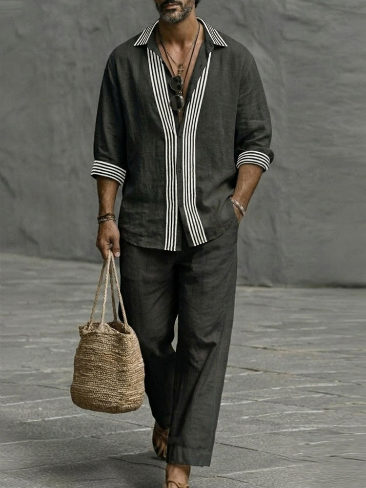 Nature Style Stripe Cotton Shirt and Pants Set - Black