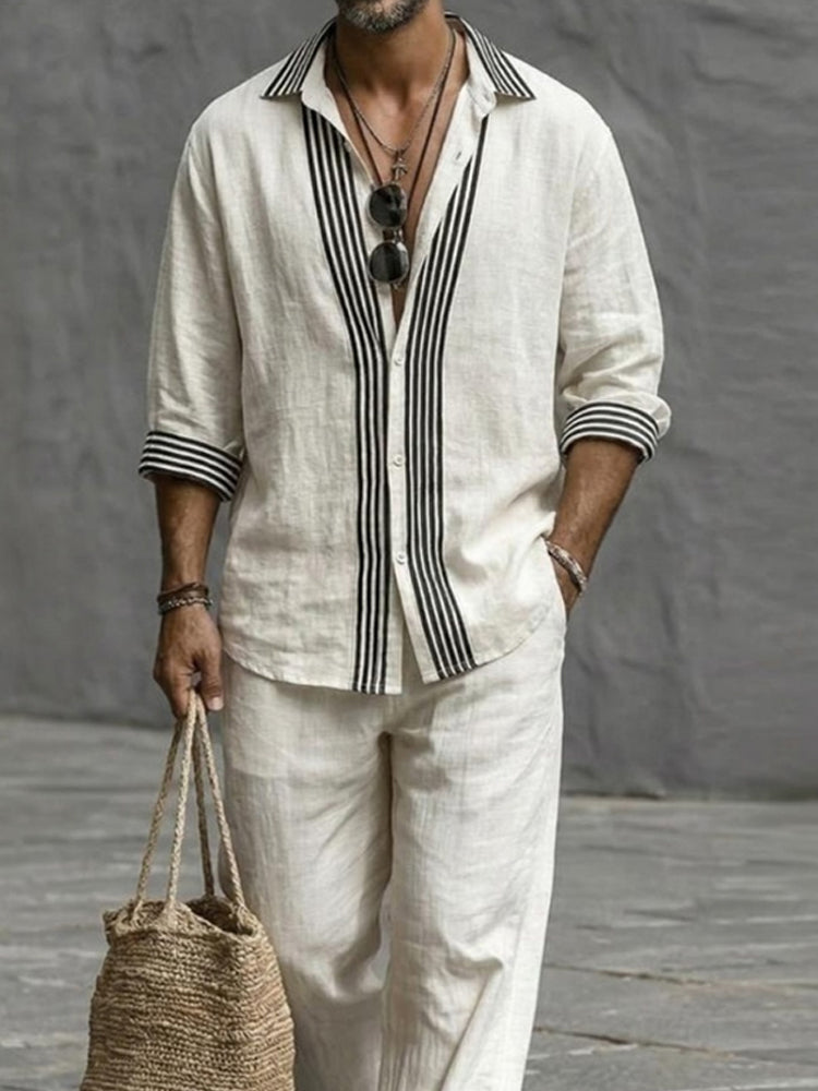 Nature Style Stripe Cotton Shirt and Pants Set - White