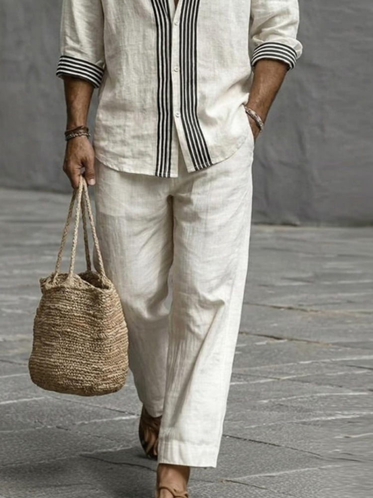 Nature Style Stripe Cotton Shirt and Pants Set - White