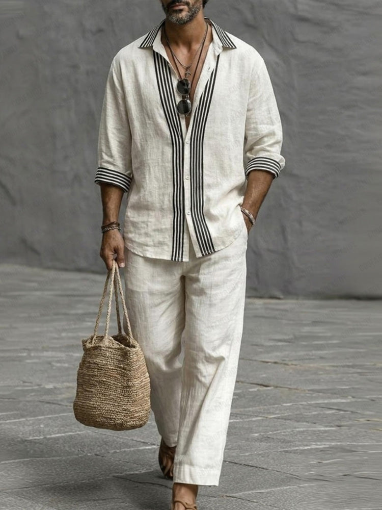 Nature Style Stripe Cotton Shirt and Pants Set - White