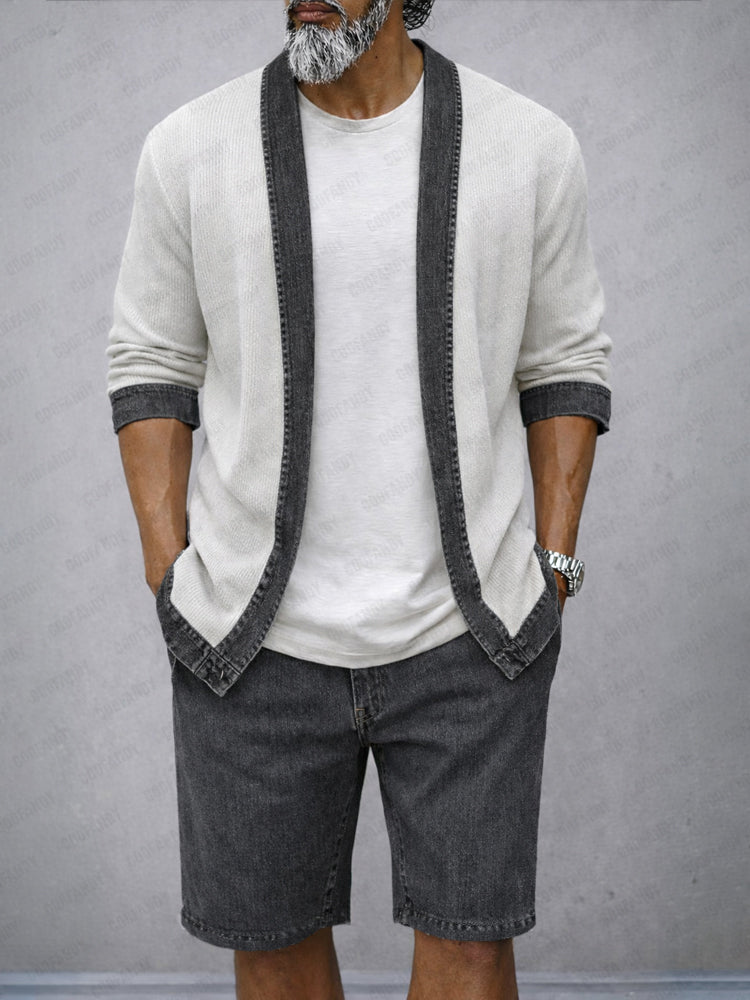 Modern Contrast Color Denim Patchwork 2-Piece Set - Dark Gray