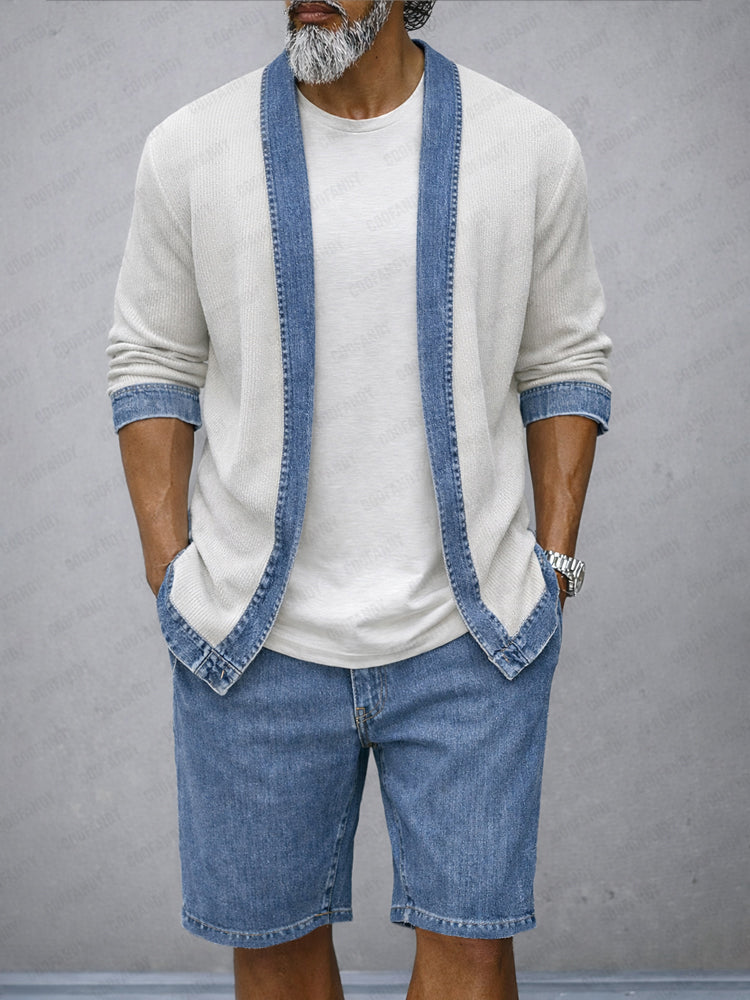 Modern Contrast Color Denim Patchwork 2-Piece Set - Blue
