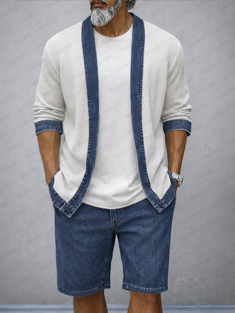Modern Contrast Color Denim Patchwork 2-Piece Set - Navy Blue