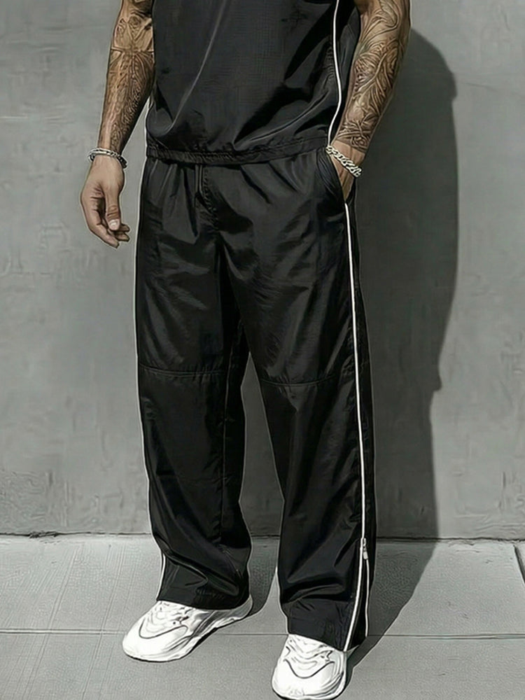 Athletic Contrast Color Ribbed Collar T-shirt Pants Set - Black