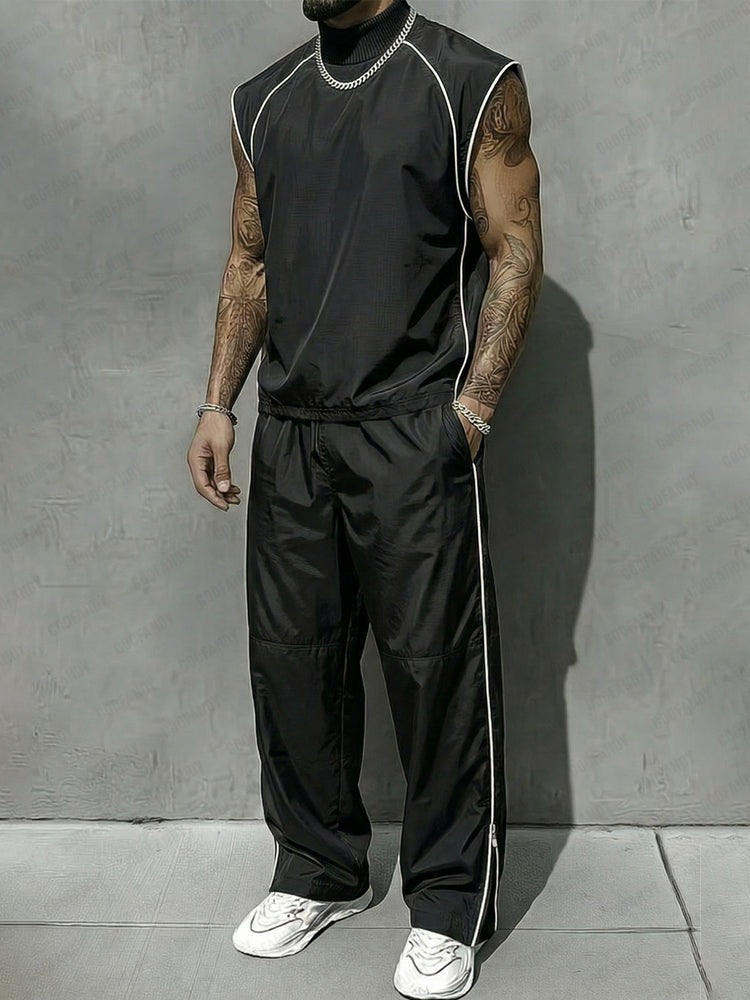 Athletic Contrast Color Ribbed Collar T-shirt Pants Set - Black