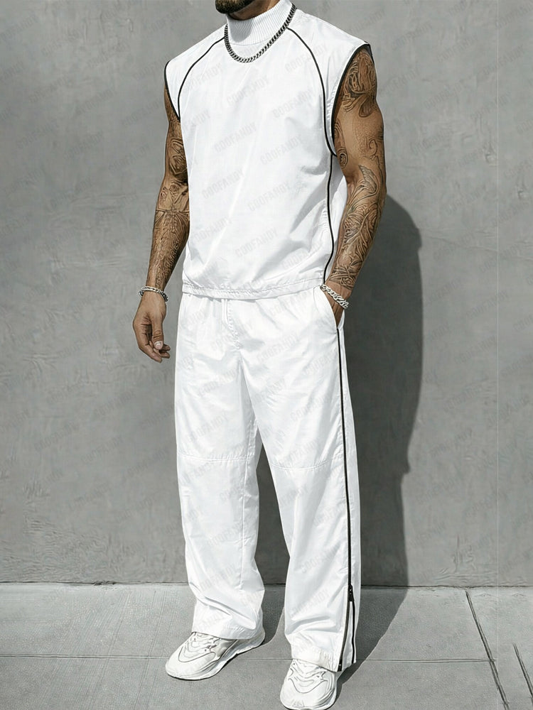 Athletic Contrast Color Ribbed Collar T-shirt Pants Set - White