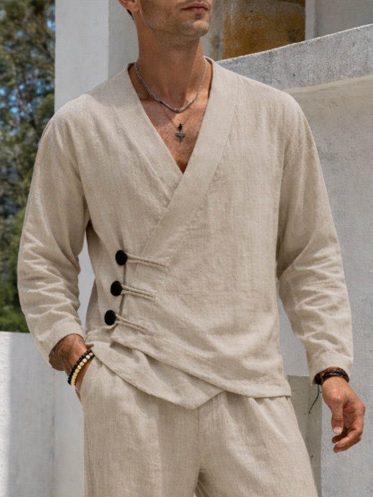 Minimalist Breathable Cotton 2-Piece Set - Khaki