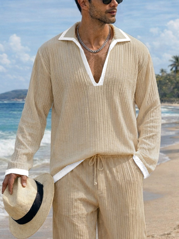 Casual Contrast Color Textured Matching Set - Khaki