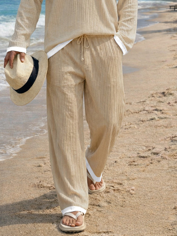 Casual Contrast Color Textured Matching Set - Khaki