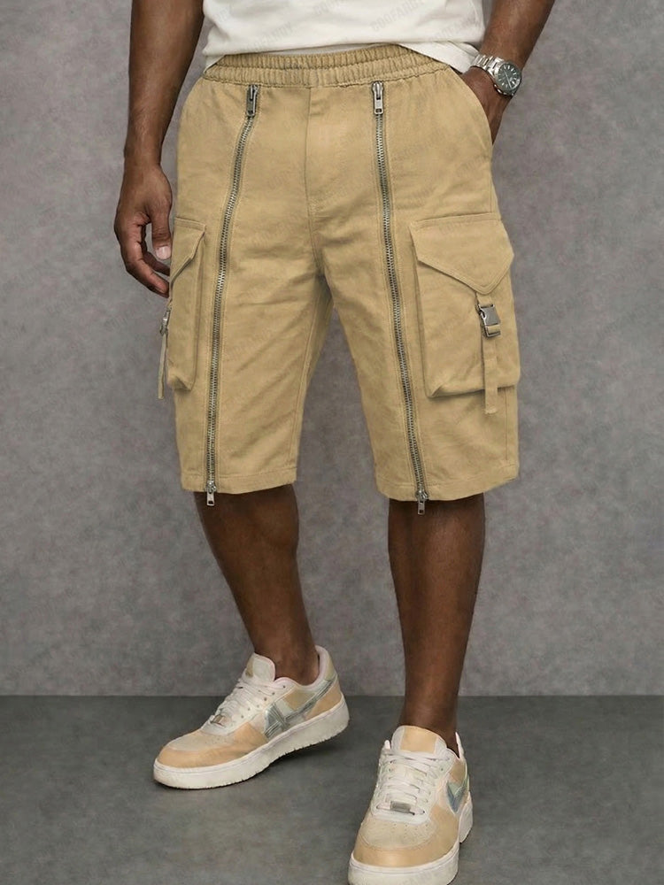Unique Zipper Design Tactical Cargo Shorts - Khaki
