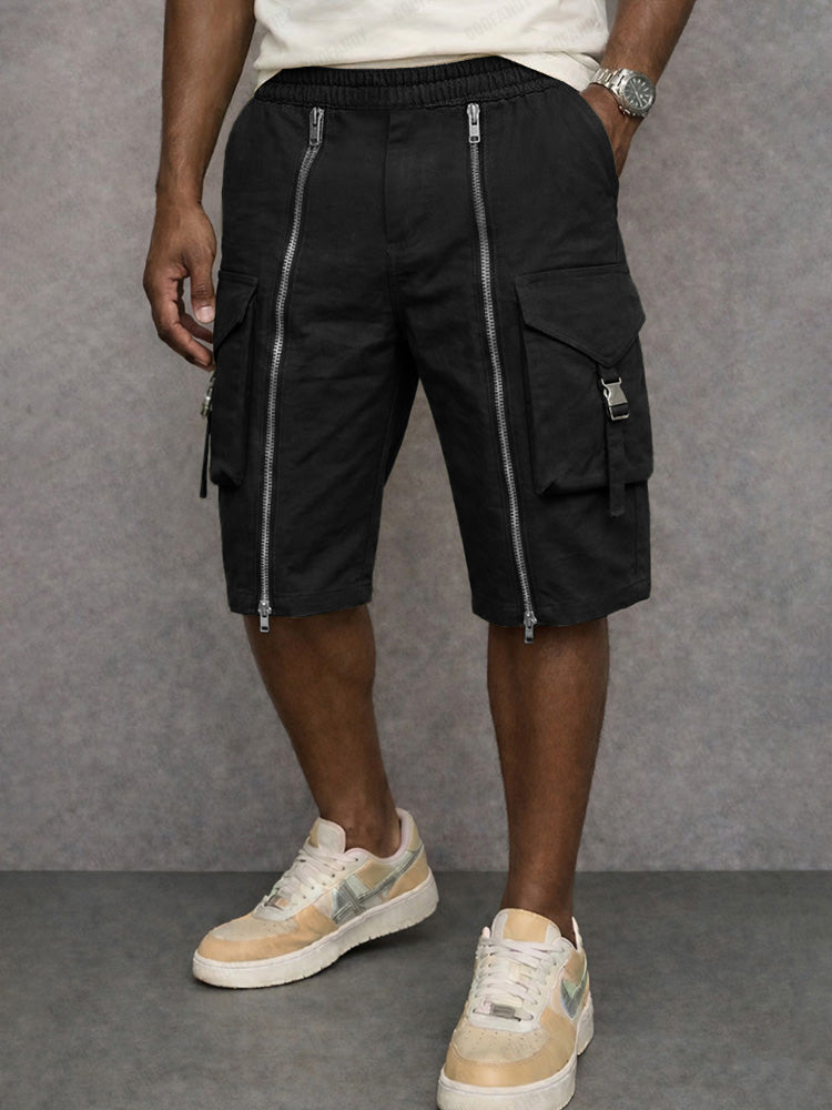 Unique Zipper Design Tactical Cargo Shorts - Black