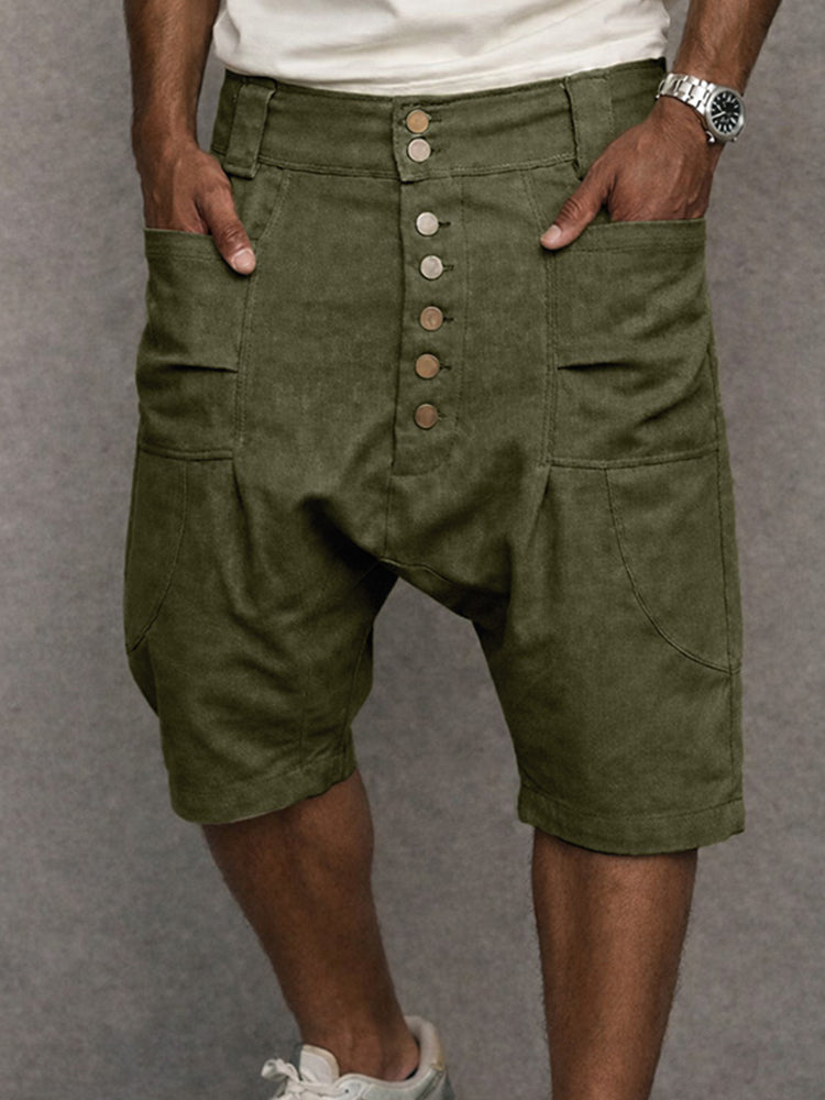 Casual 100% Cotton Drop Crotch Harem Shorts - Army Green