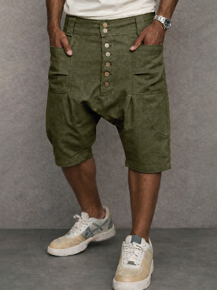 Casual 100% Cotton Drop Crotch Harem Shorts - Army Green