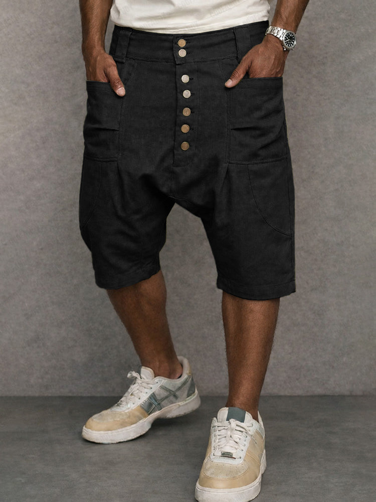 Casual 100% Cotton Drop Crotch Harem Shorts - Black