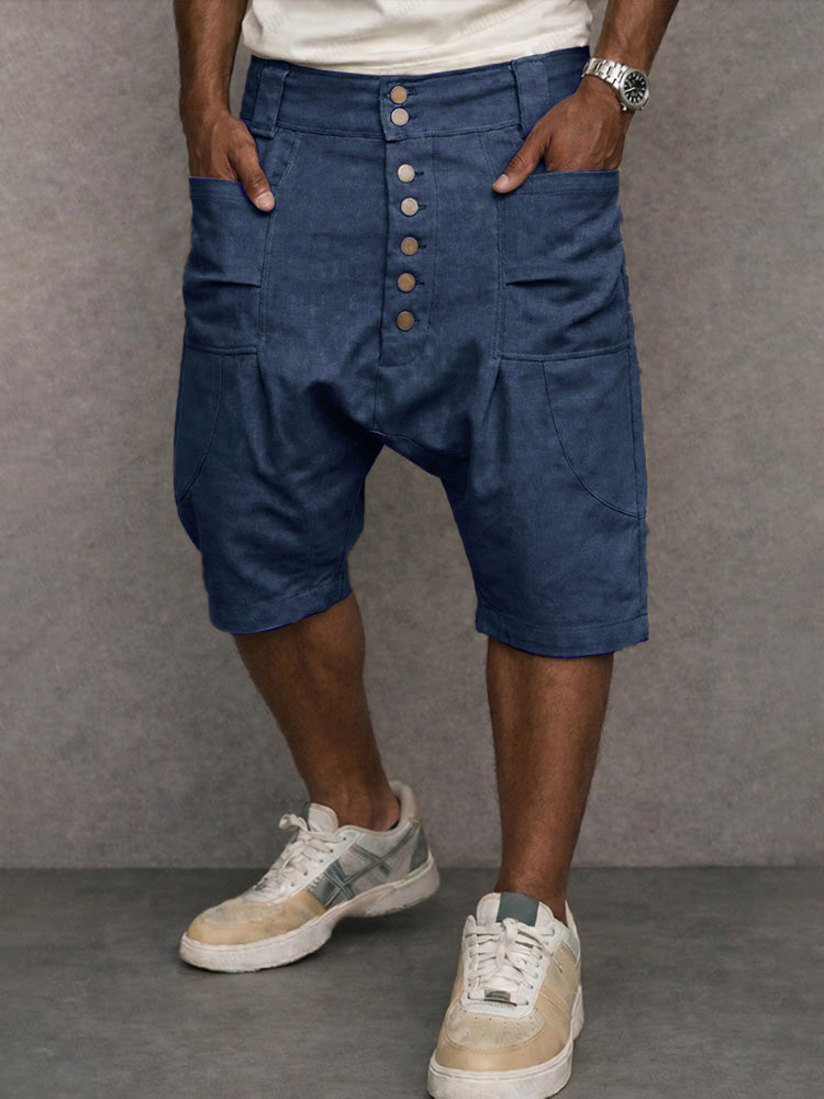 Casual 100% Cotton Drop Crotch Harem Shorts - Blue