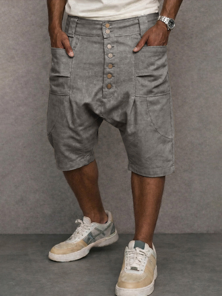 Casual 100% Cotton Drop Crotch Harem Shorts - Light Gray
