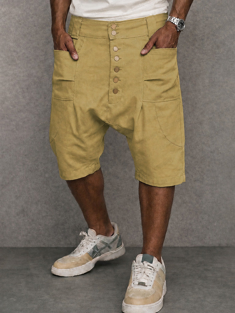 Casual 100% Cotton Drop Crotch Harem Shorts - Khaki