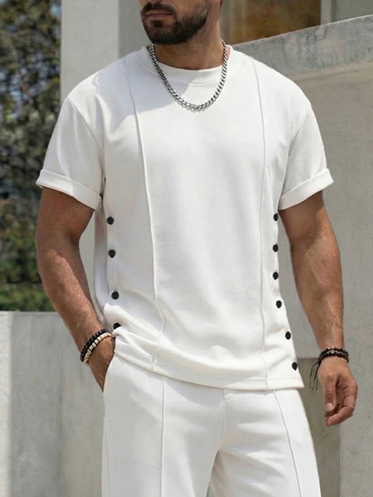 Urban Casual Button Accent T-Shirt Pants Set - White