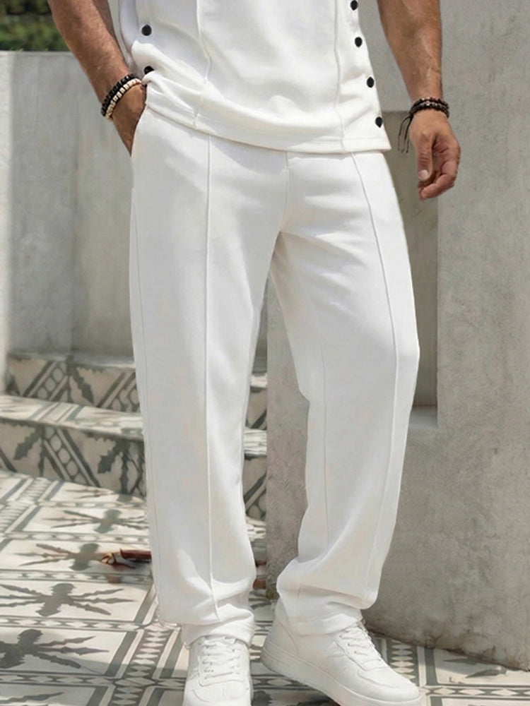 Urban Casual Button Accent T-Shirt Pants Set - White