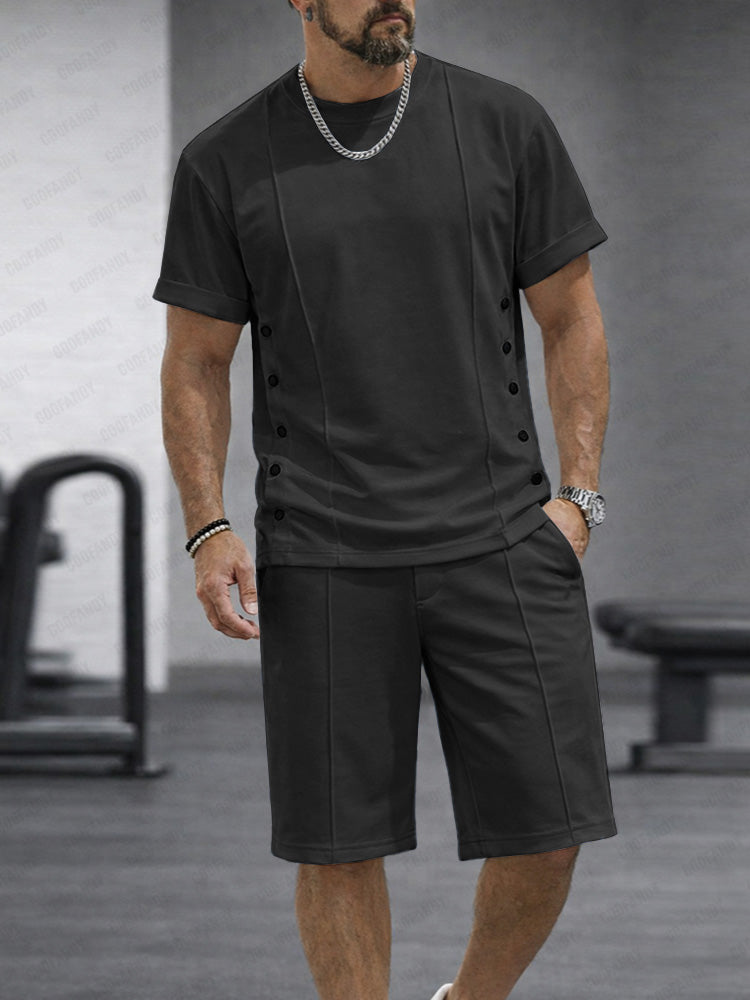 Athleisure Button Detail T-Shirt Shorts Set - Black