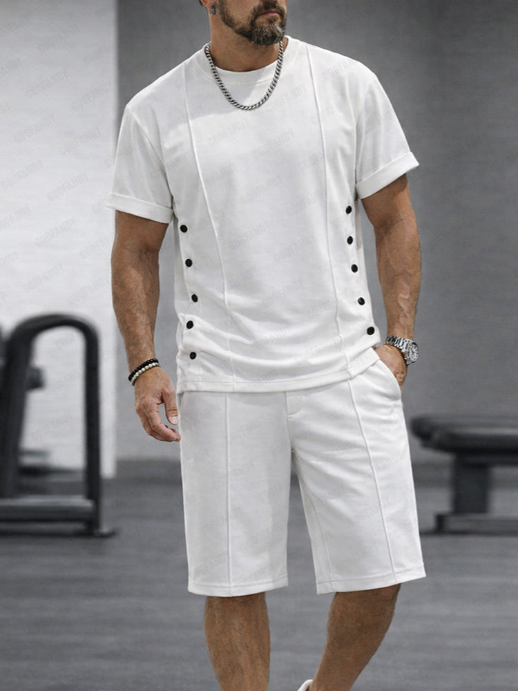 Athleisure Button Detail T-Shirt Shorts Set - White