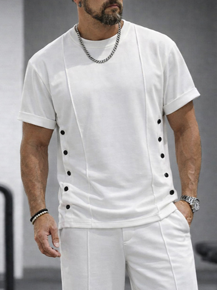 Athleisure Button Detail T-Shirt Shorts Set - White