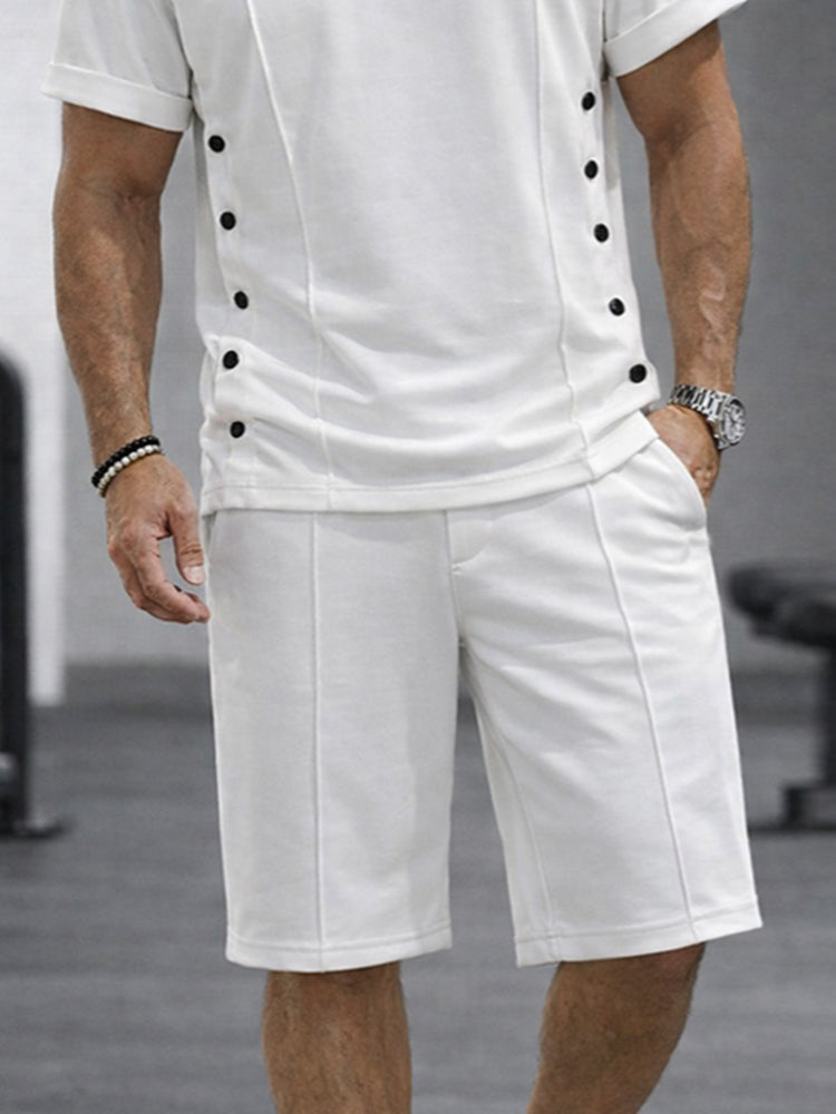 Athleisure Button Detail T-Shirt Shorts Set - White