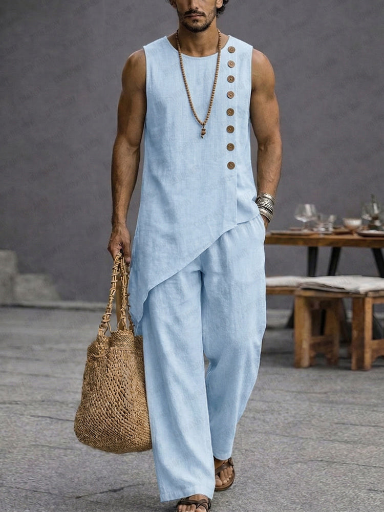 Minimalist Casual 100% Cotton Slant Hem Tank Top Set - Blue
