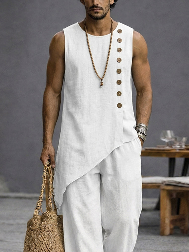 Minimalist Casual 100% Cotton Slant Hem Tank Top Set - White
