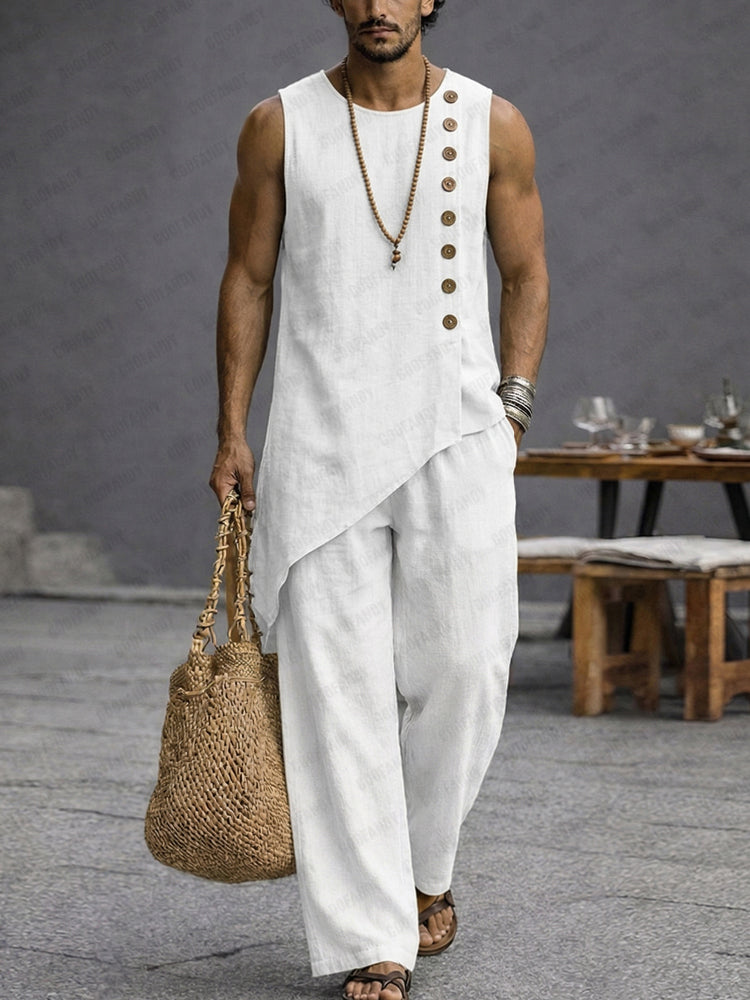 Minimalist Casual 100% Cotton Slant Hem Tank Top Set - White