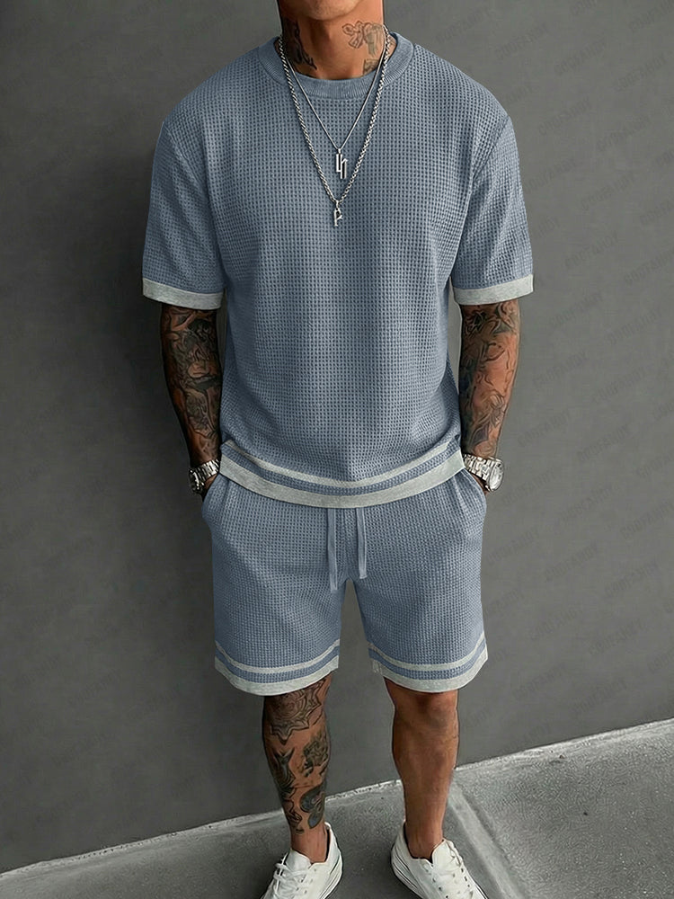 Relaxed Fit Contrast Trim Waffle Casual Set - Blue