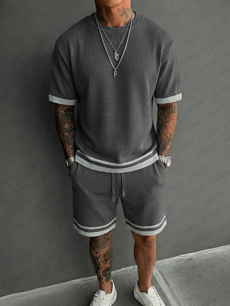 Relaxed Fit Contrast Trim Waffle Casual Set - Gray