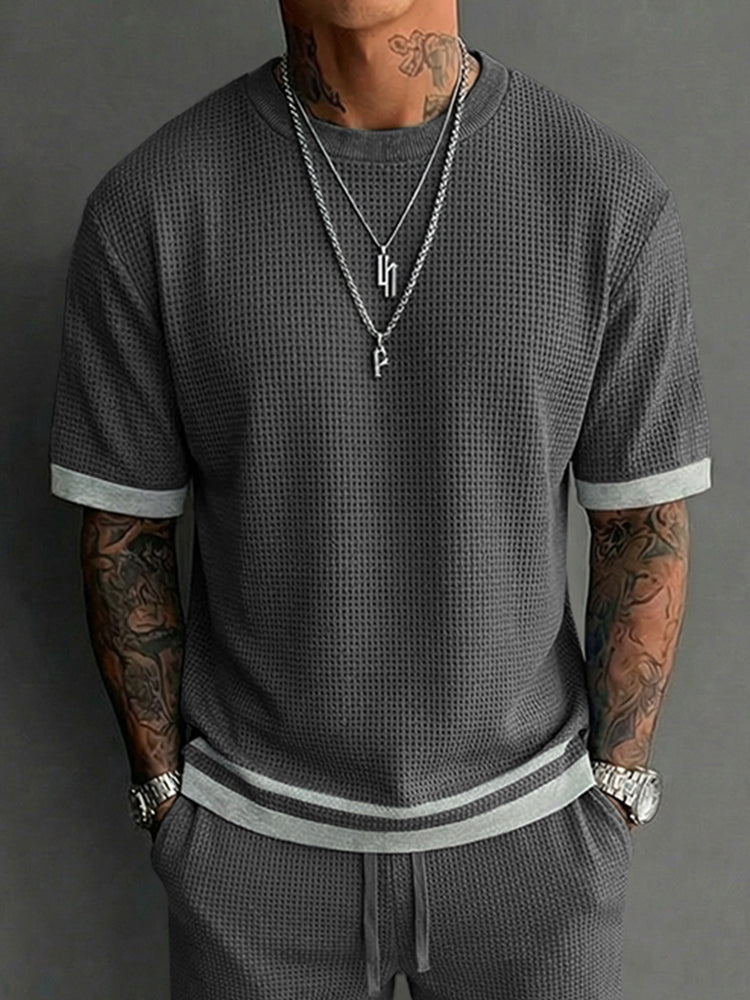 Relaxed Fit Contrast Trim Waffle Casual Set - Gray
