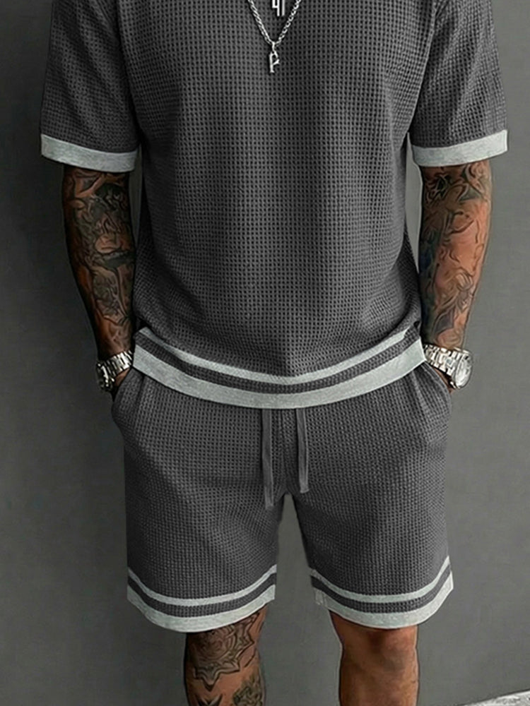 Relaxed Fit Contrast Trim Waffle Casual Set - Gray