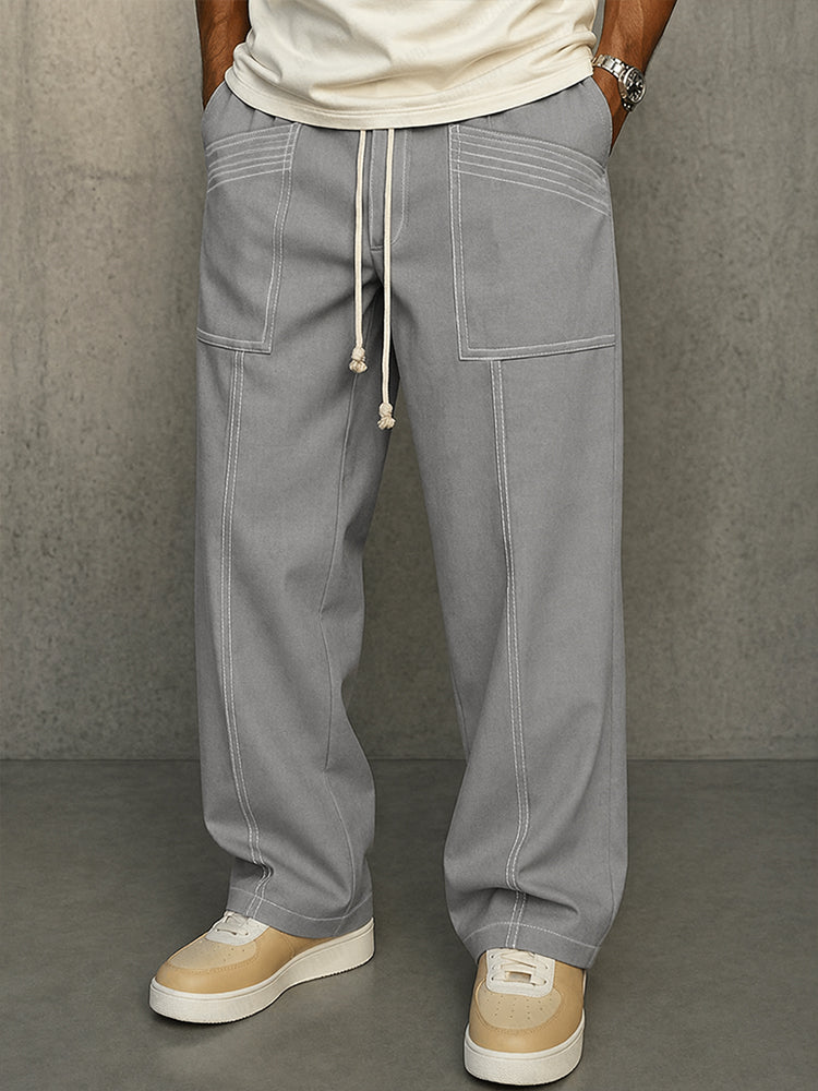 Comfy Urban Contrast Color Stitching Drawstring Pants - Gray