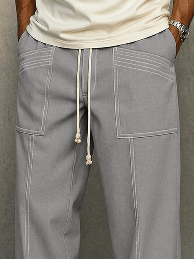 Comfy Urban Contrast Color Stitching Drawstring Pants - Gray