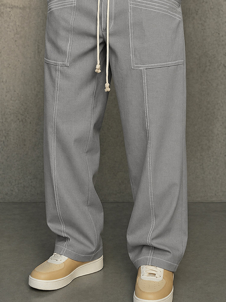 Comfy Urban Contrast Color Stitching Drawstring Pants - Gray