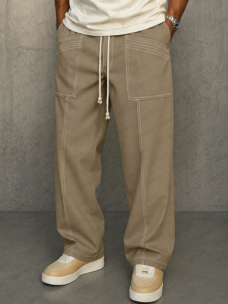 Comfy Urban Contrast Color Stitching Drawstring Pants - Khaki