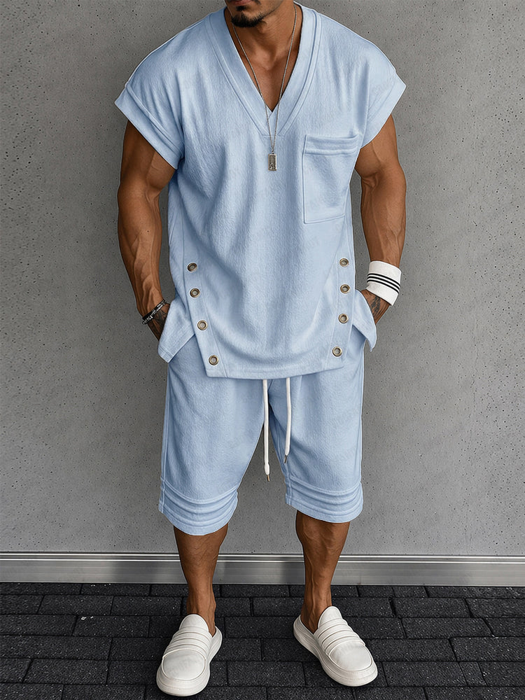 Summer Streetwear Tank Top and Shorts Set - Blue