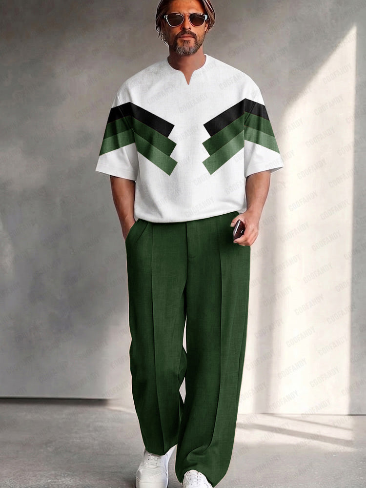 Urban Relaxed Fit Colorblock T-Shirt Pants Set - Army Green