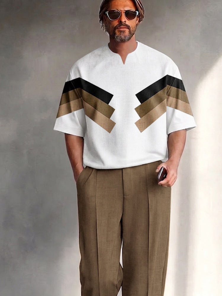 Urban Relaxed Fit Colorblock T-Shirt Pants Set - Khaki