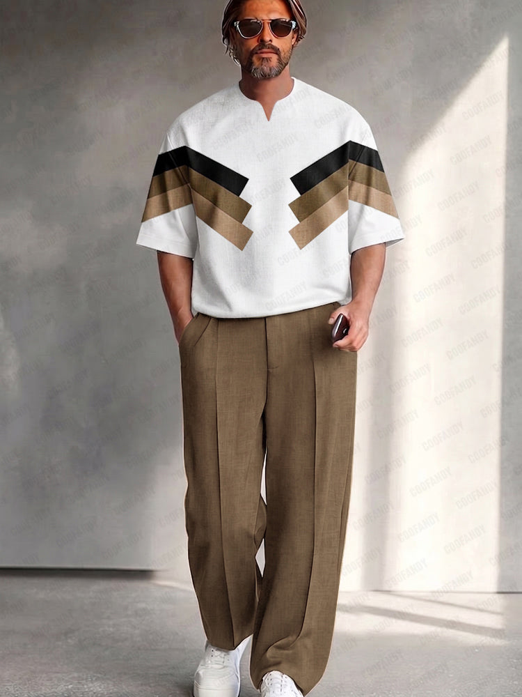 Urban Relaxed Fit Colorblock T-Shirt Pants Set - Khaki