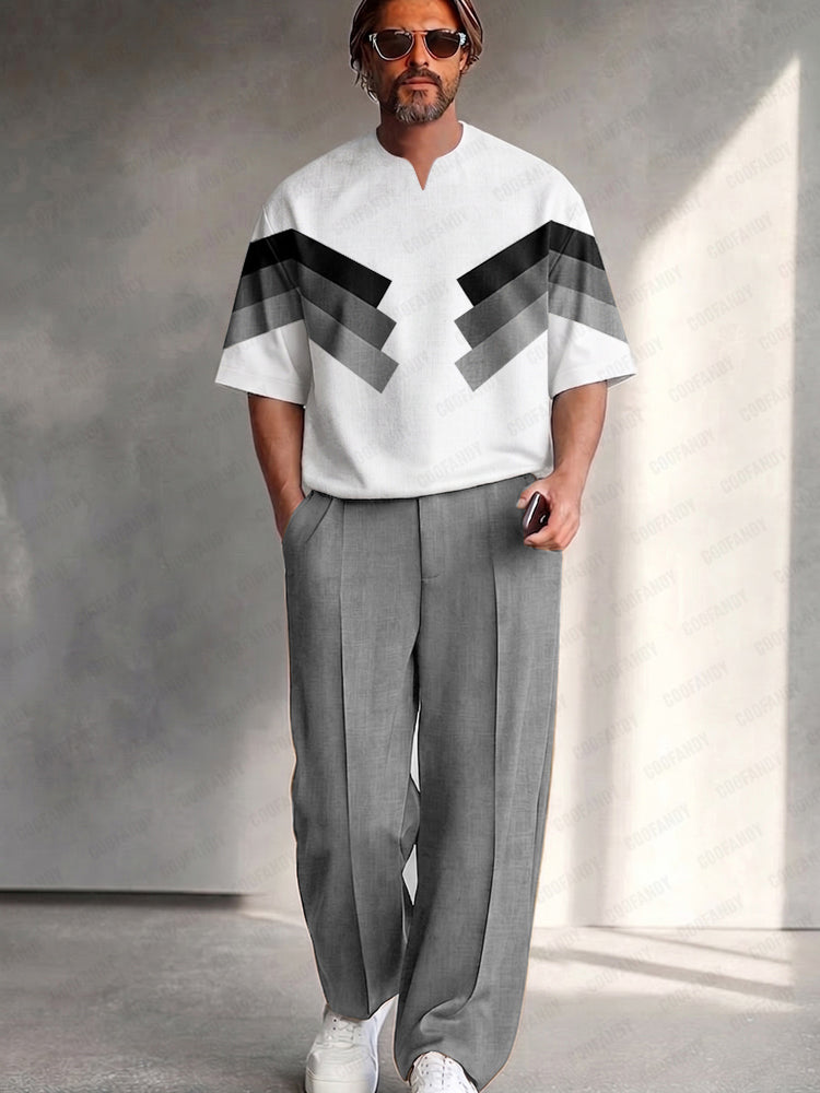 Urban Relaxed Fit Colorblock T-Shirt Pants Set - Gray