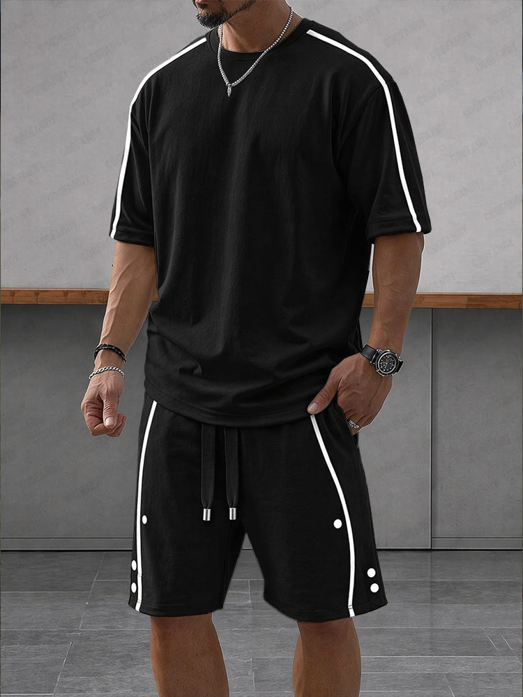 Casual Loose Contrasct Color Line Sports Set - Black