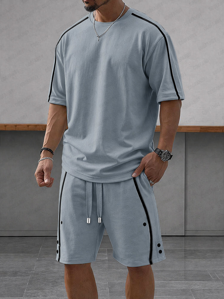 Casual Loose Contrasct Color Line Sports Set - Blue
