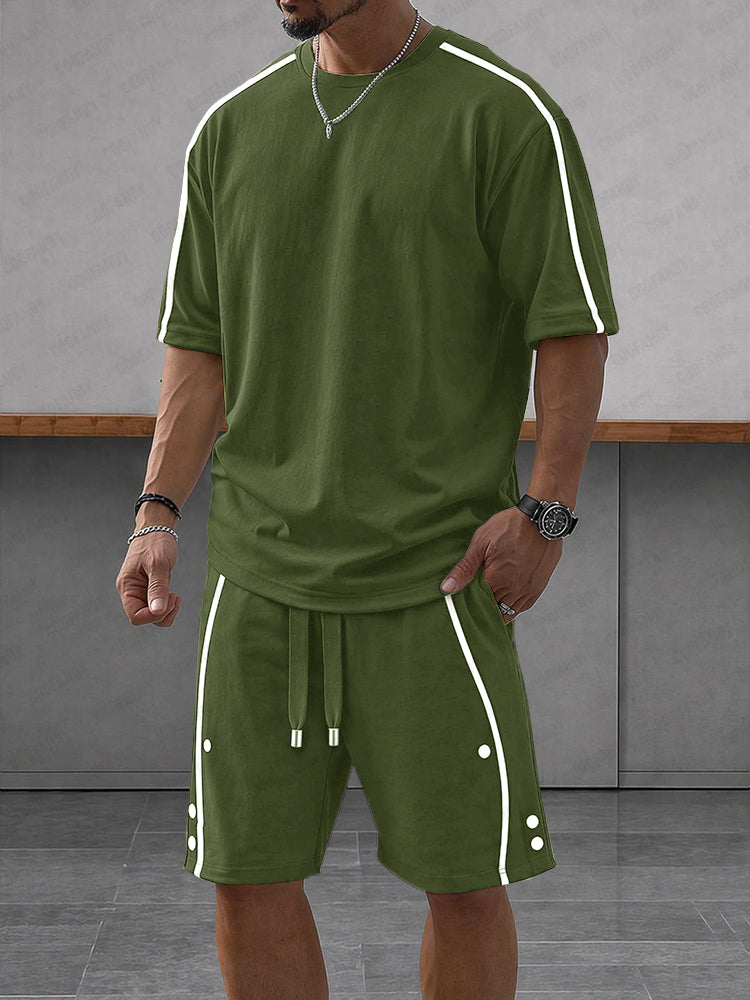 Casual Loose Contrasct Color Line Sports Set - Green