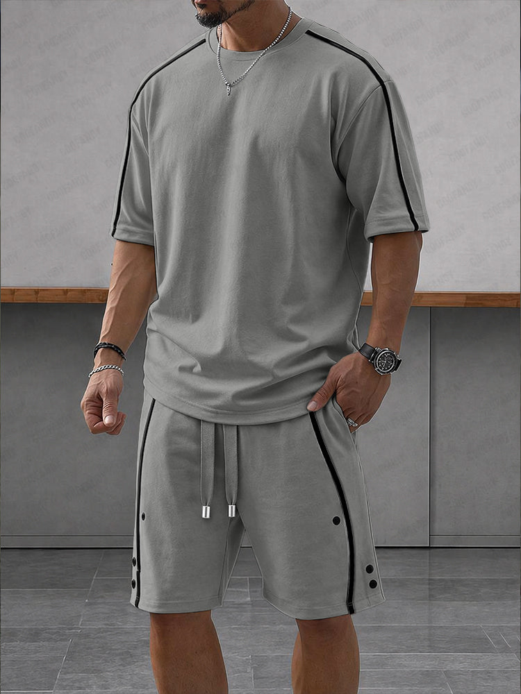 Casual Loose Contrasct Color Line Sports Set - Gray