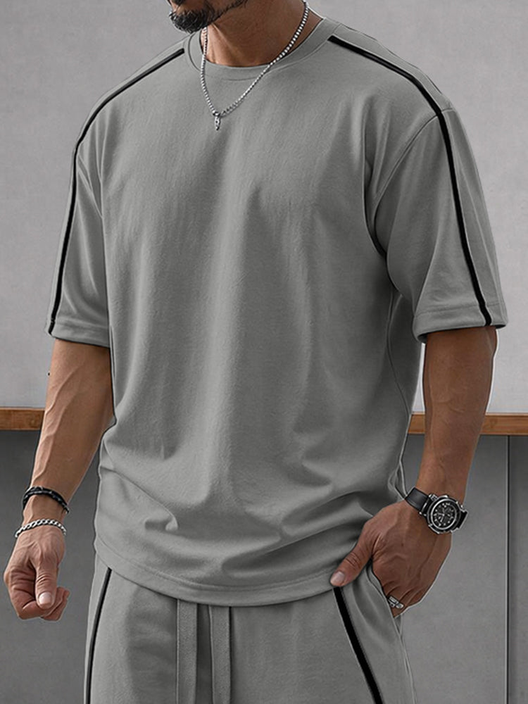 Casual Loose Contrasct Color Line Sports Set - Gray